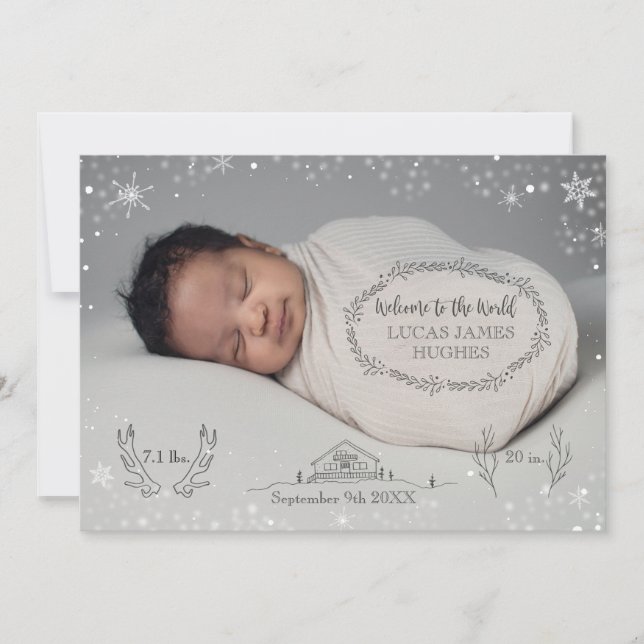 Anuncio de nacimiento de bebé niño bebé con nieve  (Anverso)