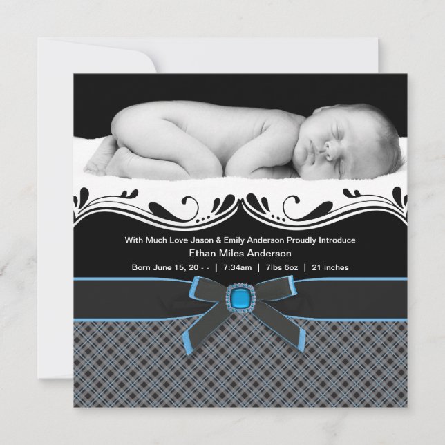 Anuncio de nacimiento de bebé niño con cuadro azul (Anverso)