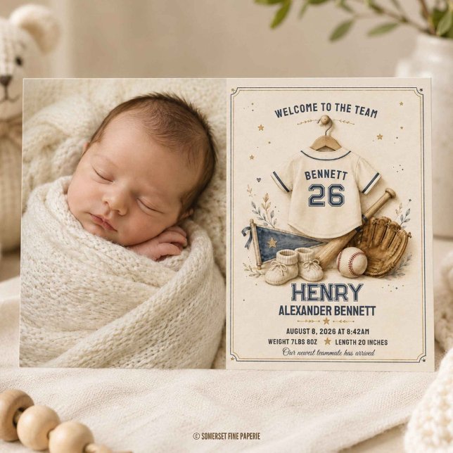 Anuncio de nacimiento de bebé niño con foto de béi (Vintage Baseball Baby Boy Photo Birth Announcement Card Printed and Digital Download)