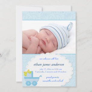 Anuncio de nacimiento de bebé niño con transporte 