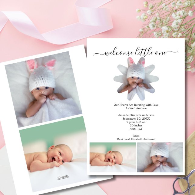 Anuncio de nacimiento de bebé niño o niña con vari (Multiple Photo Minimalist Modern Baby Birth Announcement Card. Three photos on front, two on back)