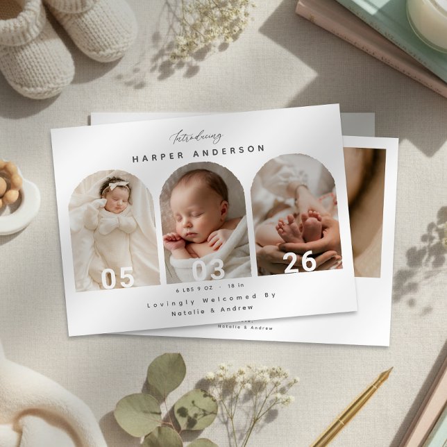 Anuncio de Nacimiento de Bebé Recién Nacido con Fo (Elegant Arch Photo Newborn Baby Birth Announcement)
