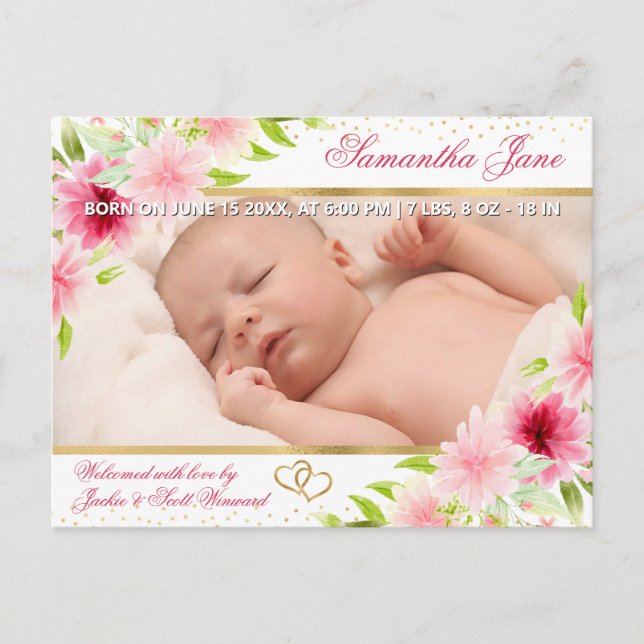 Anuncio de nacimiento de bebé recién nacido floral (Anverso)