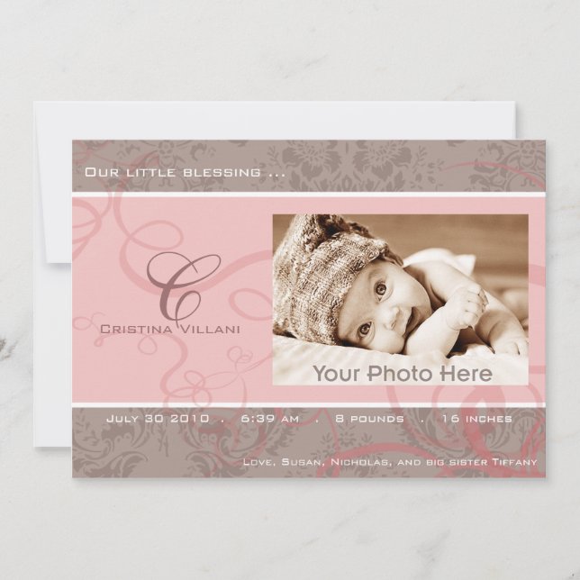 Anuncio de nacimiento de bebé rosado de cinta (Anverso)