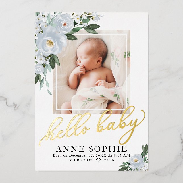 Anuncio de nacimiento de Blue Floral y tarjeta de  (Anverso)