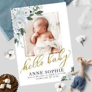 Anuncio de nacimiento de Blue Floral y tarjeta de