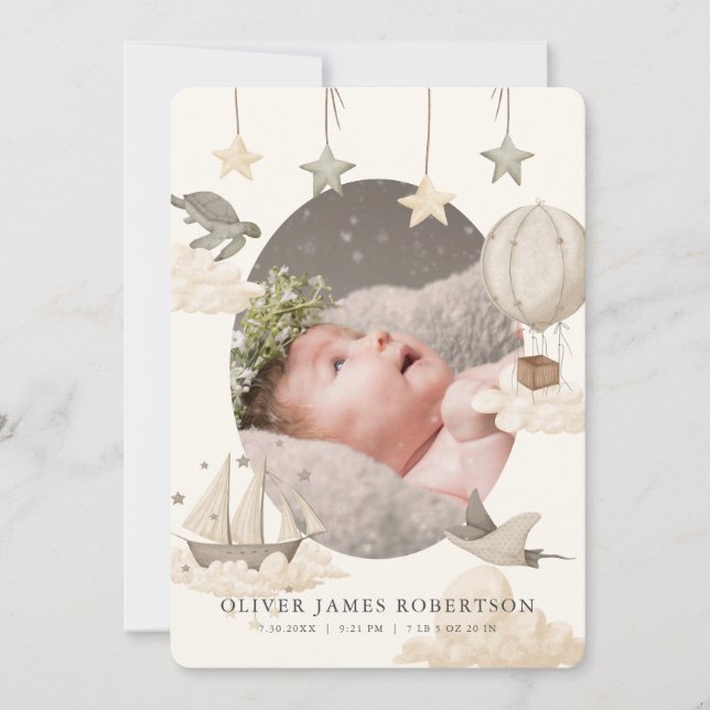 Anuncio de nacimiento de Boho Hot Air Balloon Sky (Anverso)