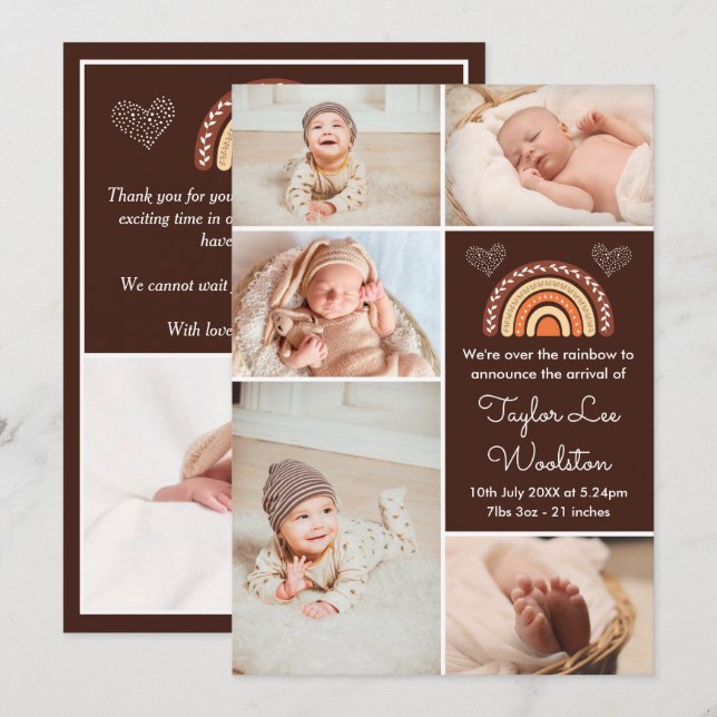 Anuncio de nacimiento de Boho Rainbow Brown (Anverso / Reverso)