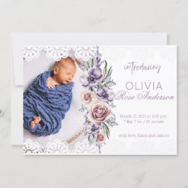 Anuncio de nacimiento de Chica morado de acuarela 