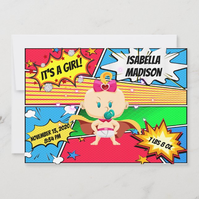 Anuncio de nacimiento de Chica superhéroe de histo (Anverso)