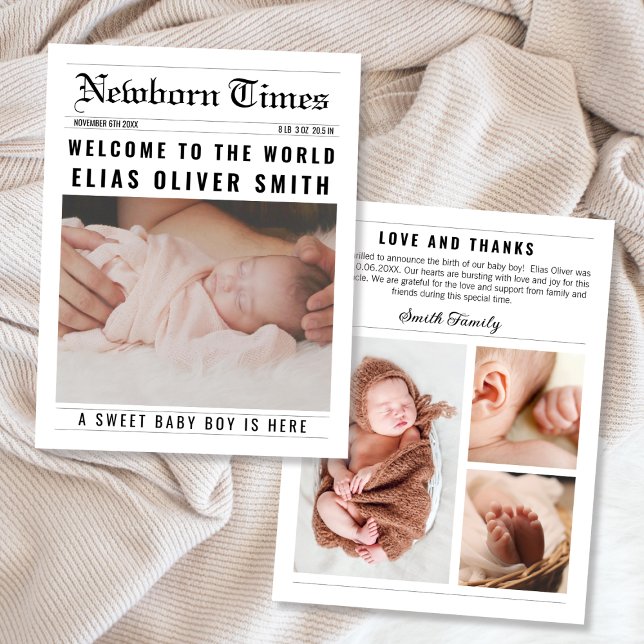 Anuncio de nacimiento de Collage de fotos de perió (Newspaper Photo Collage Birth Announcement)