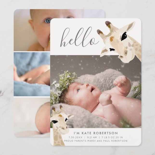 Anuncio de nacimiento de Collage de fotos Giraffe (Anverso / Reverso)