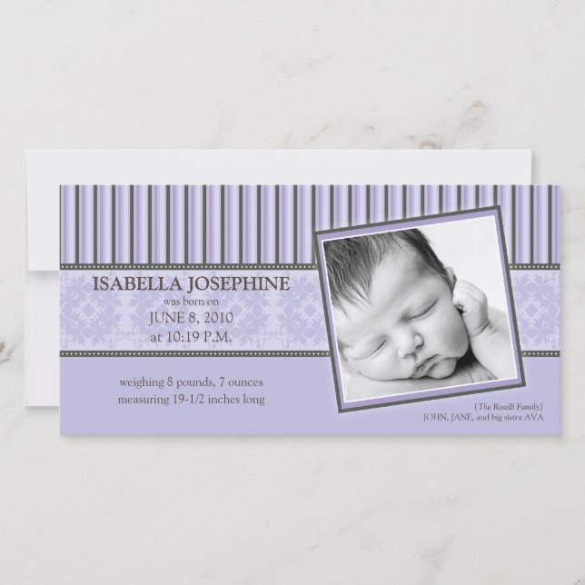Anuncio de nacimiento de Damask & Stripes Lilac (Anverso)