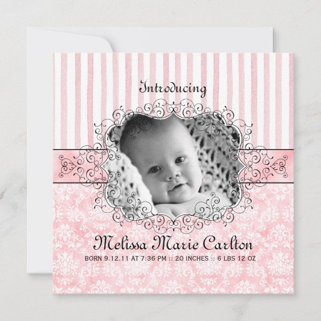 Anuncio de nacimiento de damask y Stripe Baby Girl (Anverso)