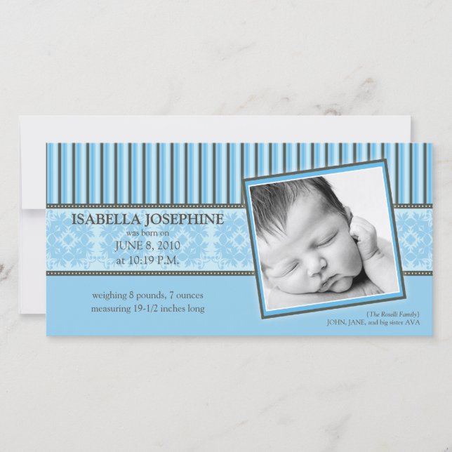 Anuncio de nacimiento de Damask y Stripes Blue (Anverso)