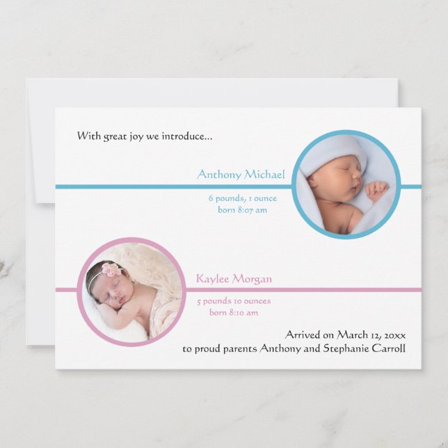 Anuncio de nacimiento de dos hermanos con foto (Anverso)