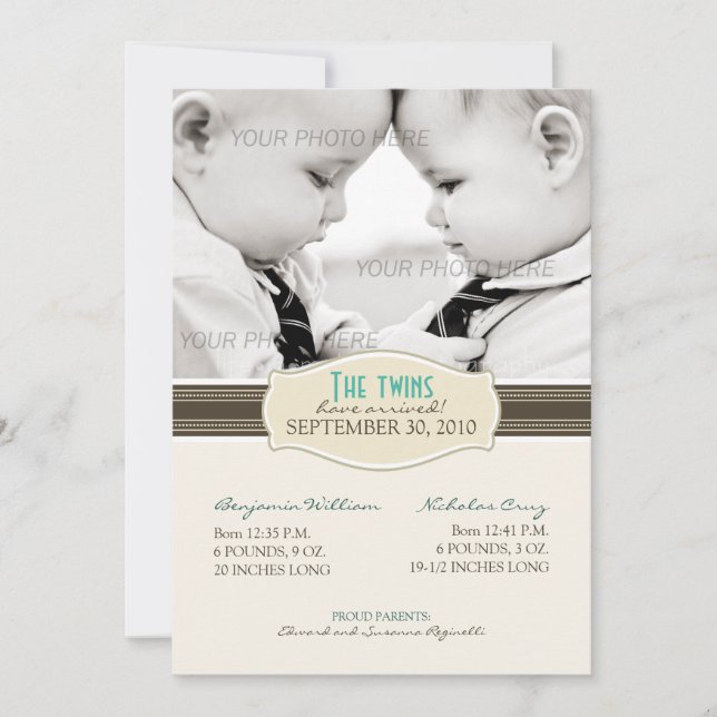 Anuncio de nacimiento de elegantes gemelos: Sepia  (Anverso)