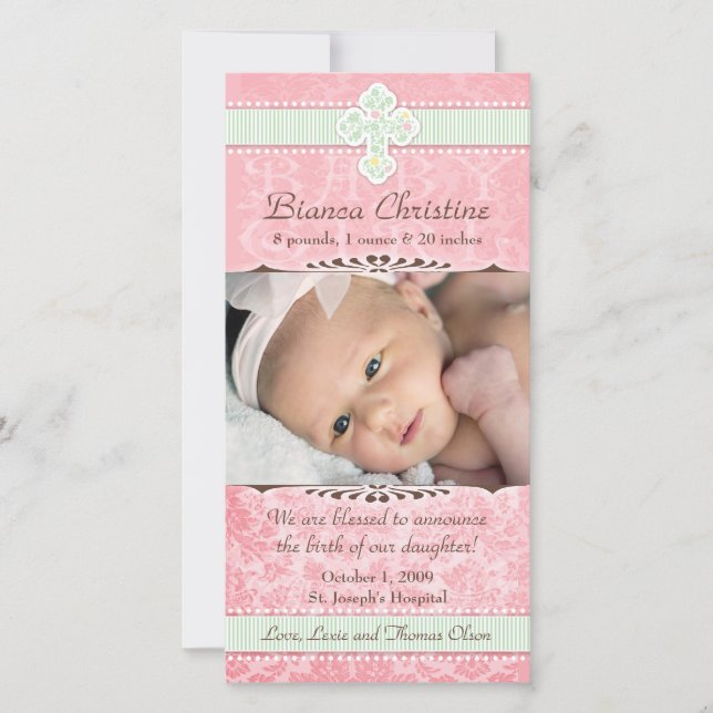 Anuncio de nacimiento de flores rosas y verdes (Anverso)