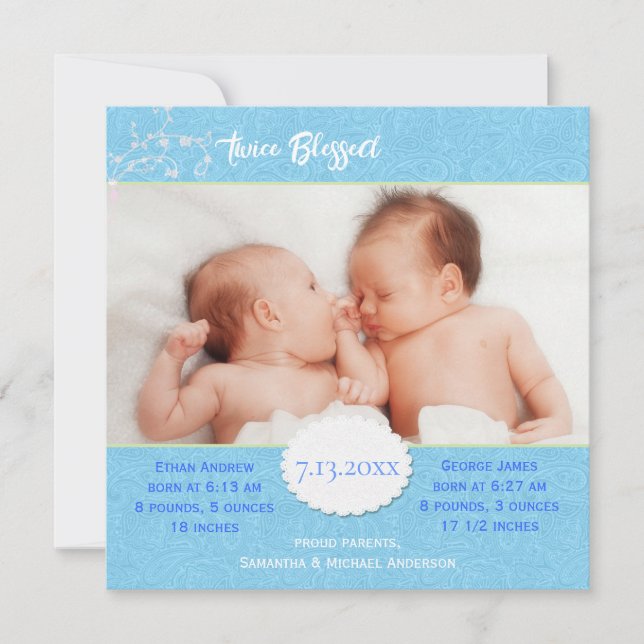 Anuncio de nacimiento de foto azul para niños geme (Anverso)
