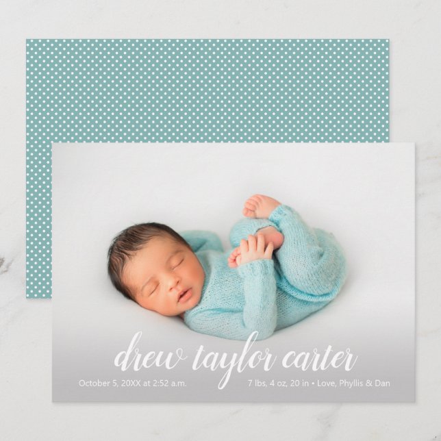 Anuncio de nacimiento de foto bebé con guión (Anverso / Reverso)