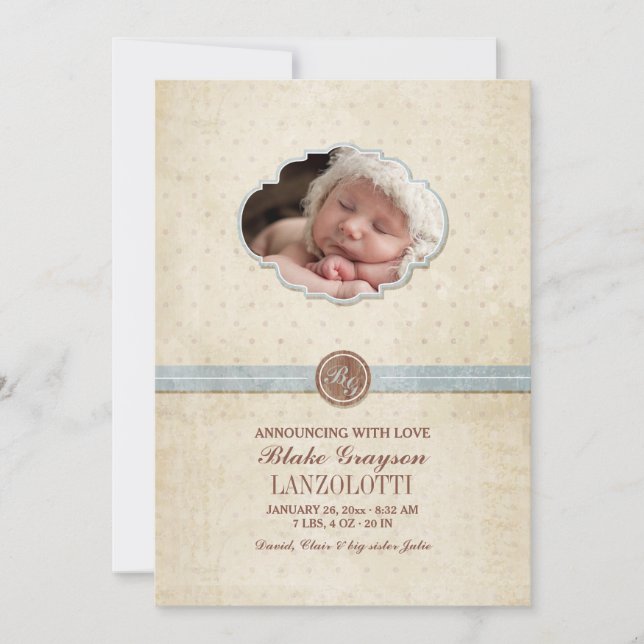 Anuncio de nacimiento de foto bebé vintage (Anverso)