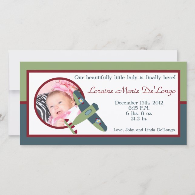 Anuncio de nacimiento de foto de avión vintage (Anverso)