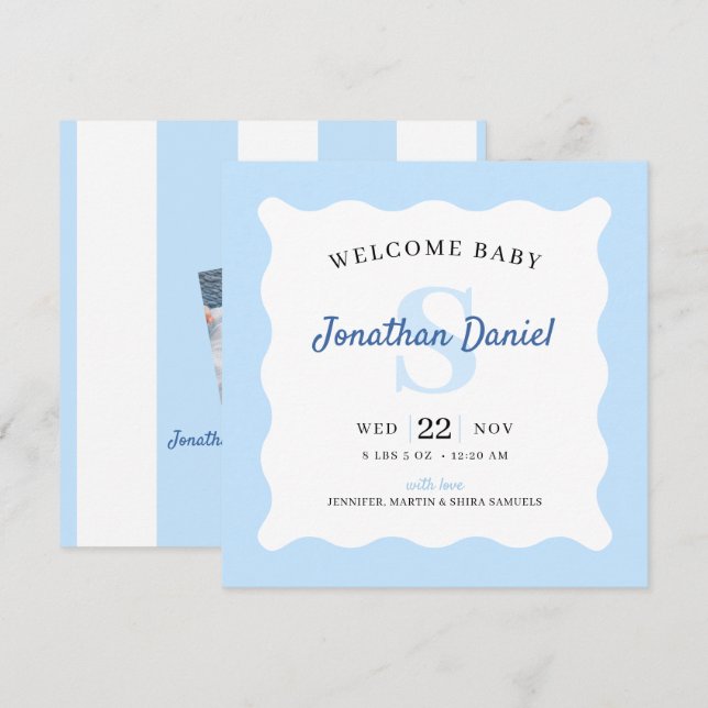 Anuncio de nacimiento de foto de Blue Baby Boy (Anverso / Reverso)
