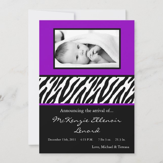 Anuncio de nacimiento de FOTO de cebra púrpura neg (Anverso)