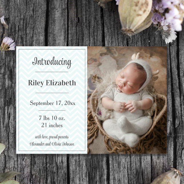 Anuncio de nacimiento de foto de Chevron verde azu (Teal Chevron Photo Birth Announcement)