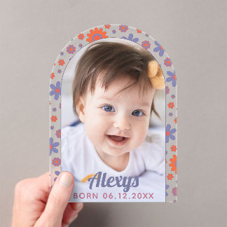 Anuncio de nacimiento de foto de flor retro 70