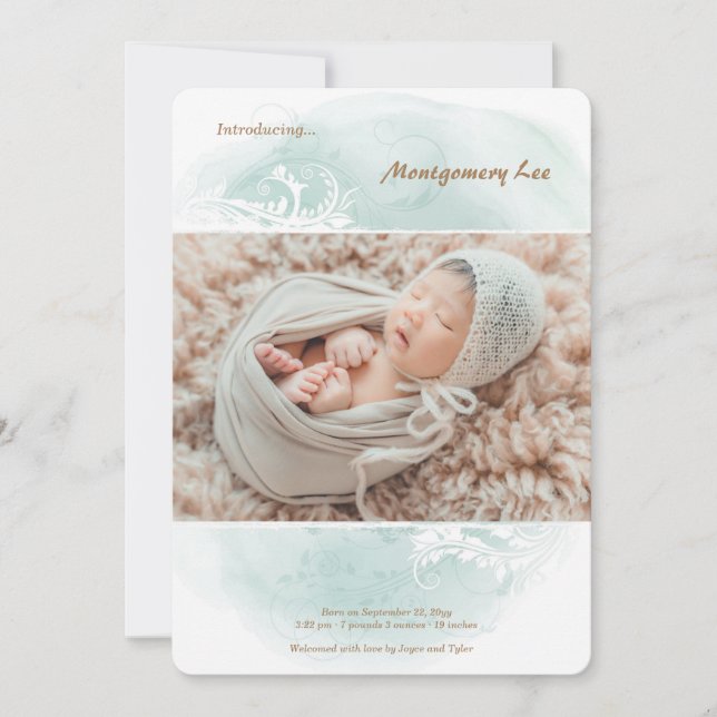 Anuncio de nacimiento de foto de floral de Grunge (Anverso)