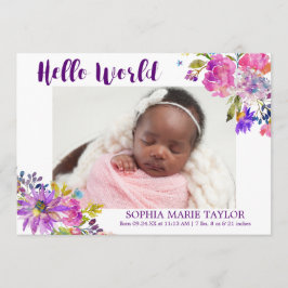 Anuncio de nacimiento de foto de flores moradas ro
