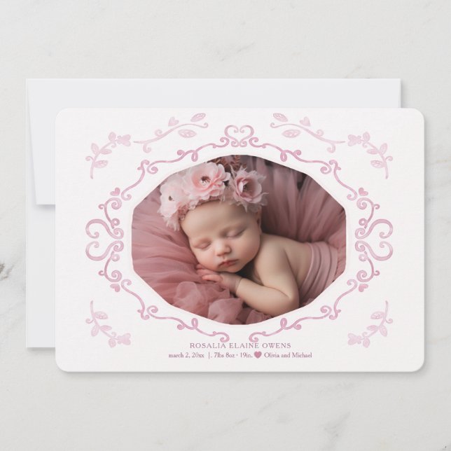 Anuncio de nacimiento de foto de marco cursivo (Anverso)