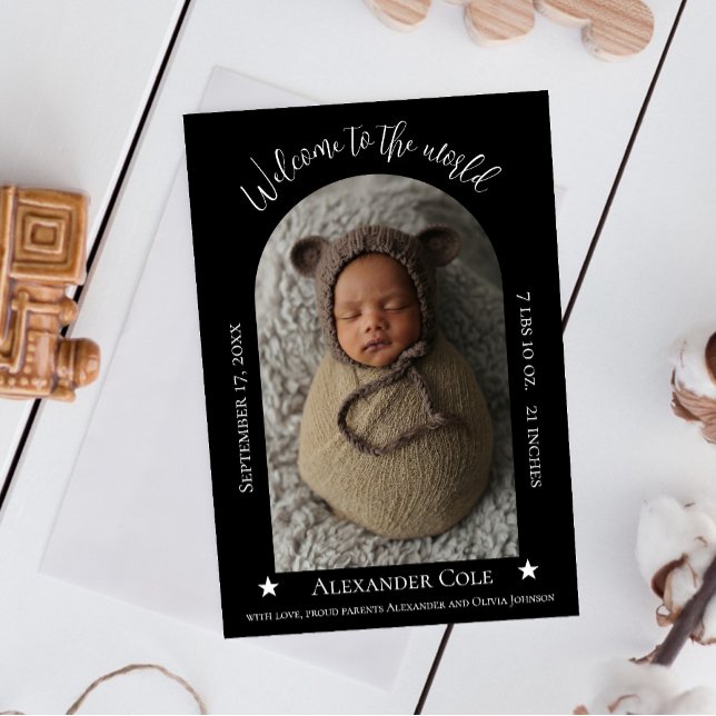 Anuncio de nacimiento de foto de marco de arco sim (Black Simple Arch Frame Photo Birth Announcement)