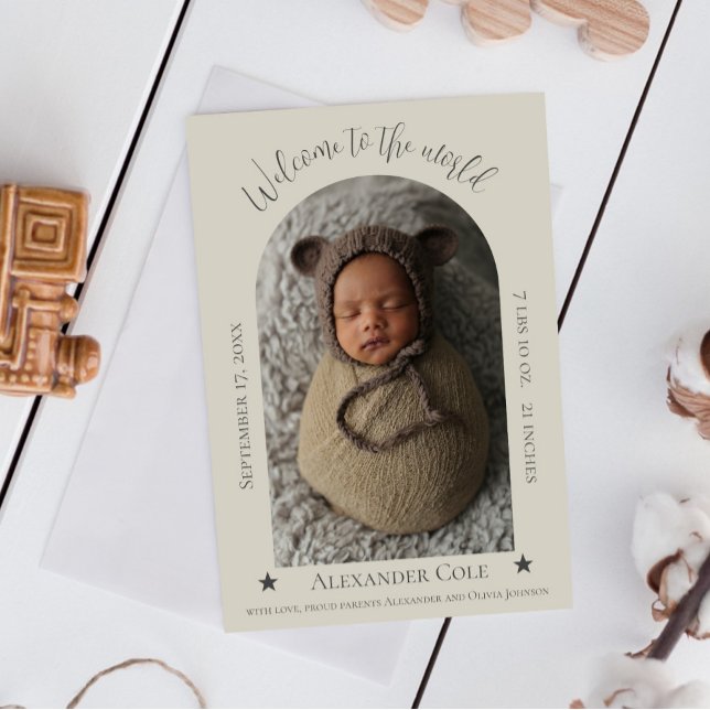 Anuncio de nacimiento de foto de marco de arco sim (Beige Simple Arch Frame Photo Birth Announcement)