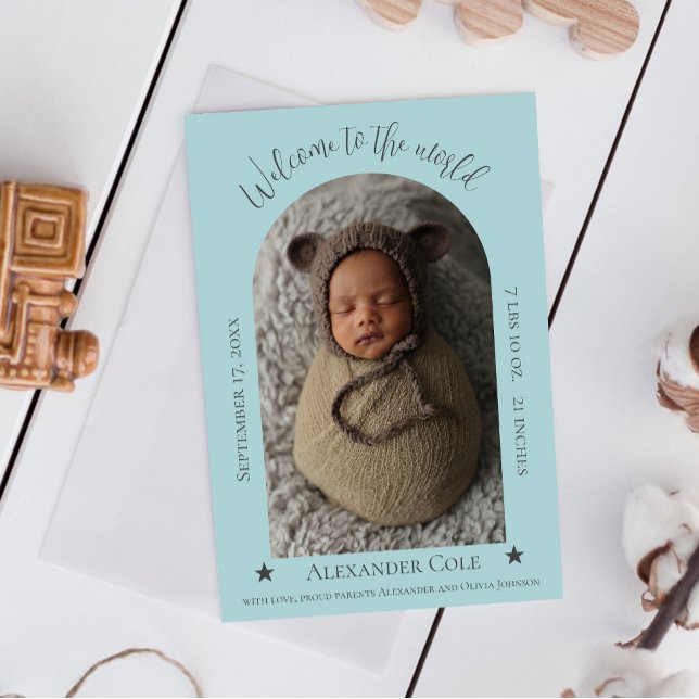 Anuncio de nacimiento de foto de marco de arco sim (Teal Simple Arch Frame Photo Birth Announcement)