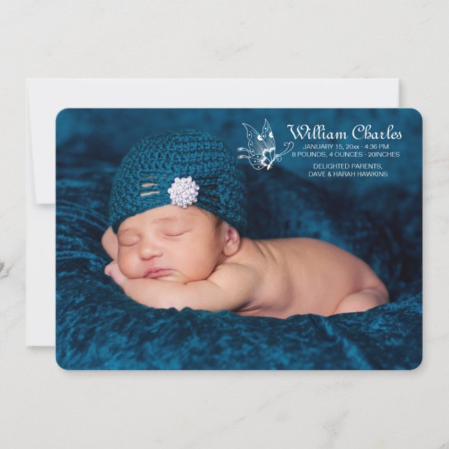 Anuncio de nacimiento de foto de mariposa blanca (Anverso)