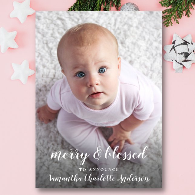 Anuncio de nacimiento de foto de Navidades bendeci (Merry & Blessed Christmas Photo Birth Announcement)
