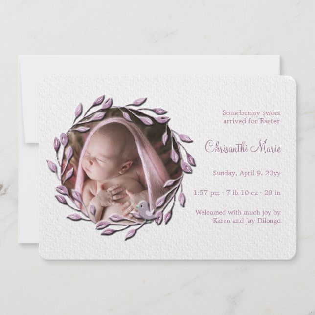 Anuncio de nacimiento de foto de niña rosa bebé (Anverso)