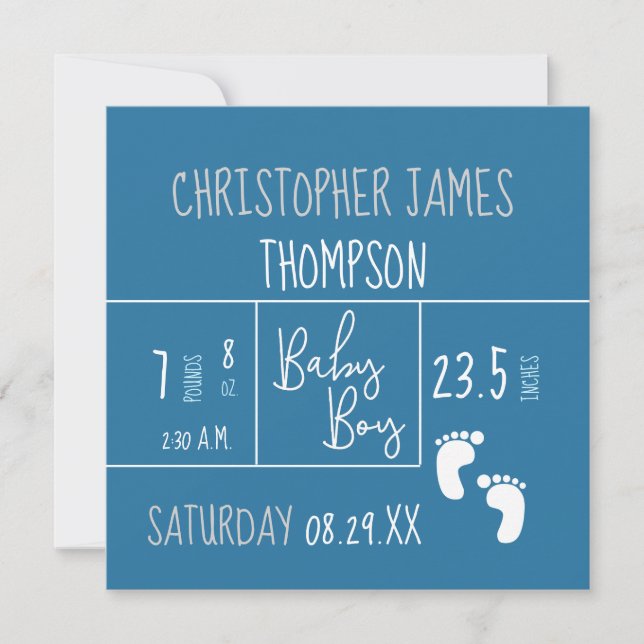 Anuncio de nacimiento de foto de niño blanco azul (Anverso)