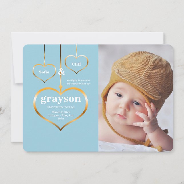 Anuncio de nacimiento de foto de tres corazones (Anverso)