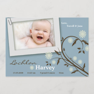 Anuncio de nacimiento de foto floral azul de niño 