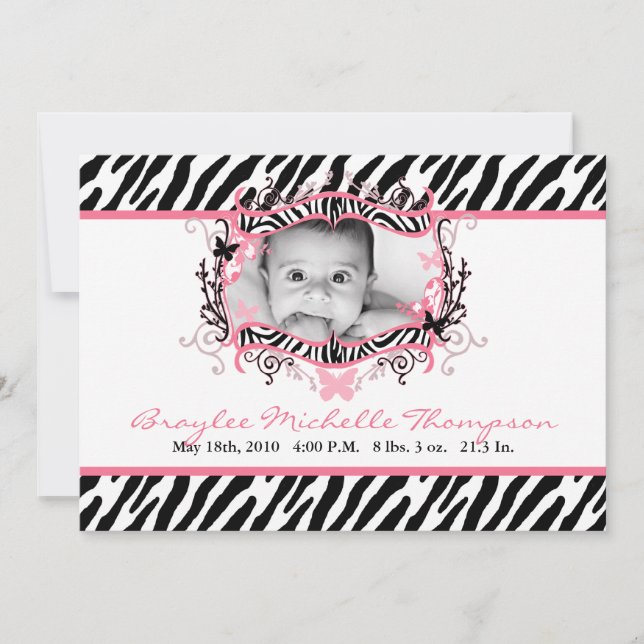 Anuncio de nacimiento de foto impresa en cebra de  (Anverso)