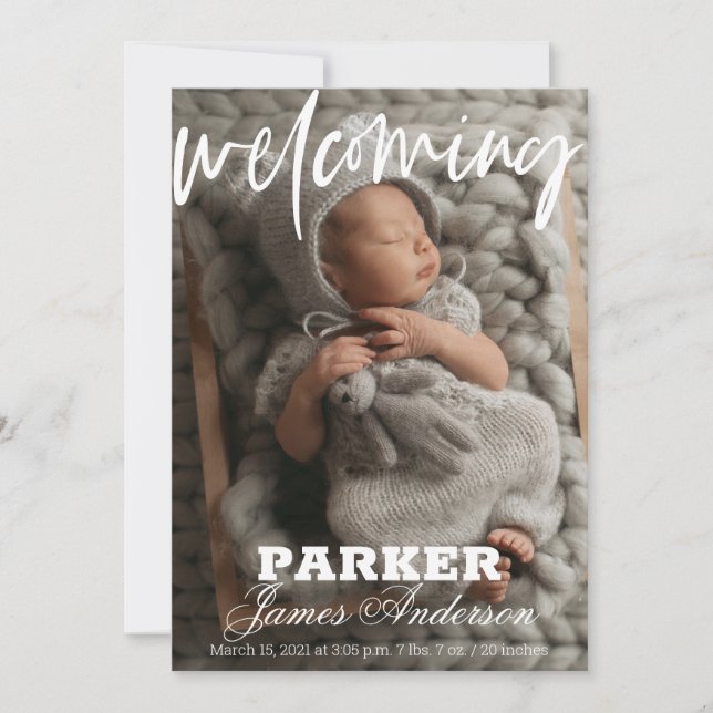 Anuncio de nacimiento de foto moderna de bienvenid (Anverso)
