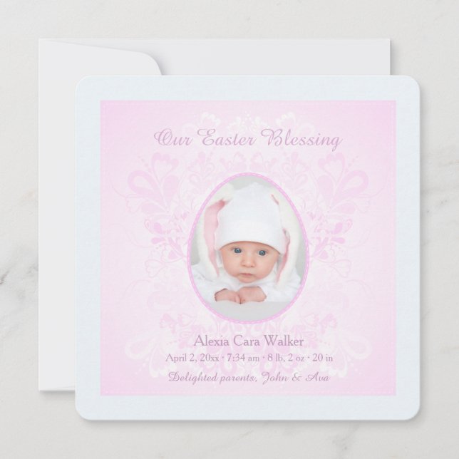 Anuncio de nacimiento de foto rosa bendeciendo Pas (Anverso)