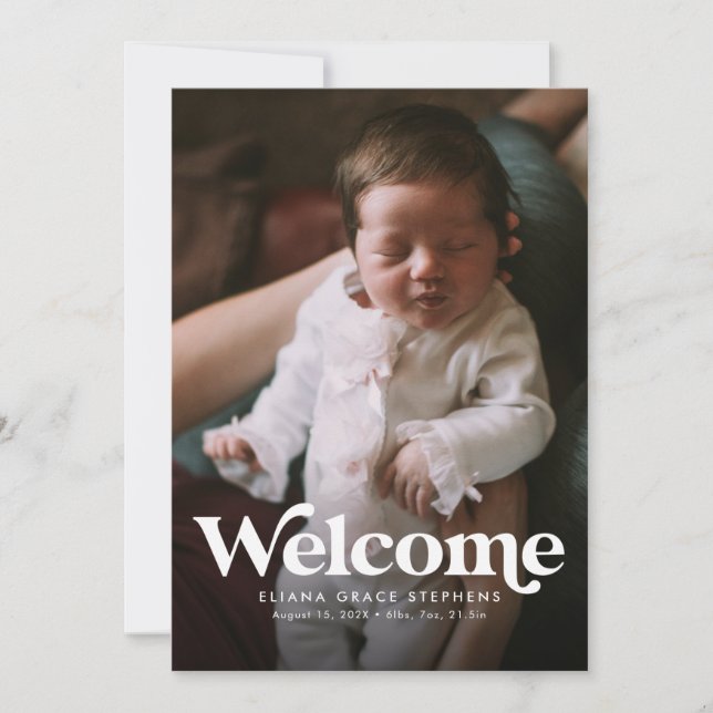 Anuncio de nacimiento de foto rosa de bienvenida e (Anverso)
