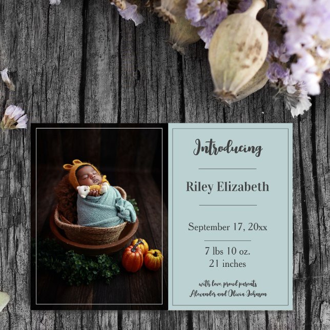 Anuncio de nacimiento de foto simple verde azulada (Teal Simple Photo Birth Announcement)