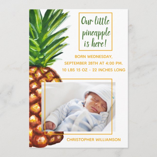 Anuncio de nacimiento de foto tropical de piña (Anverso)