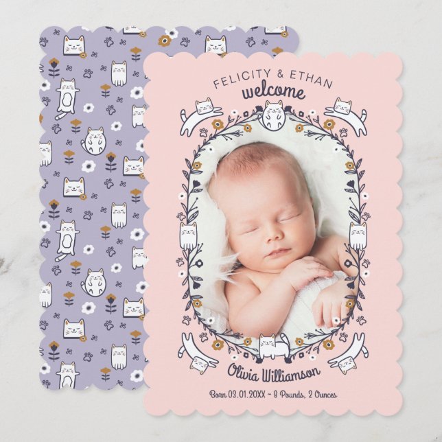 Anuncio de nacimiento de gatito floral dulce (Anverso / Reverso)
