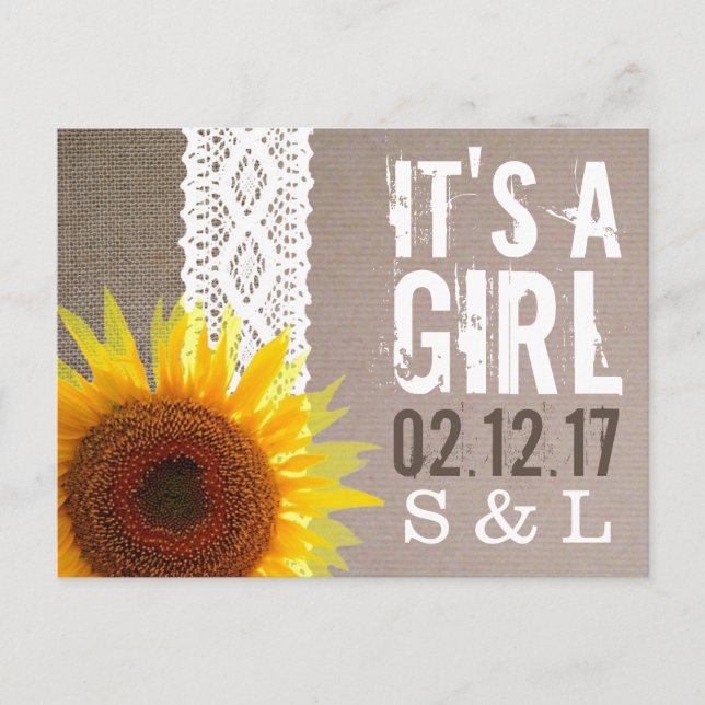 Anuncio de nacimiento de girasol con arpillera y e (Anverso)